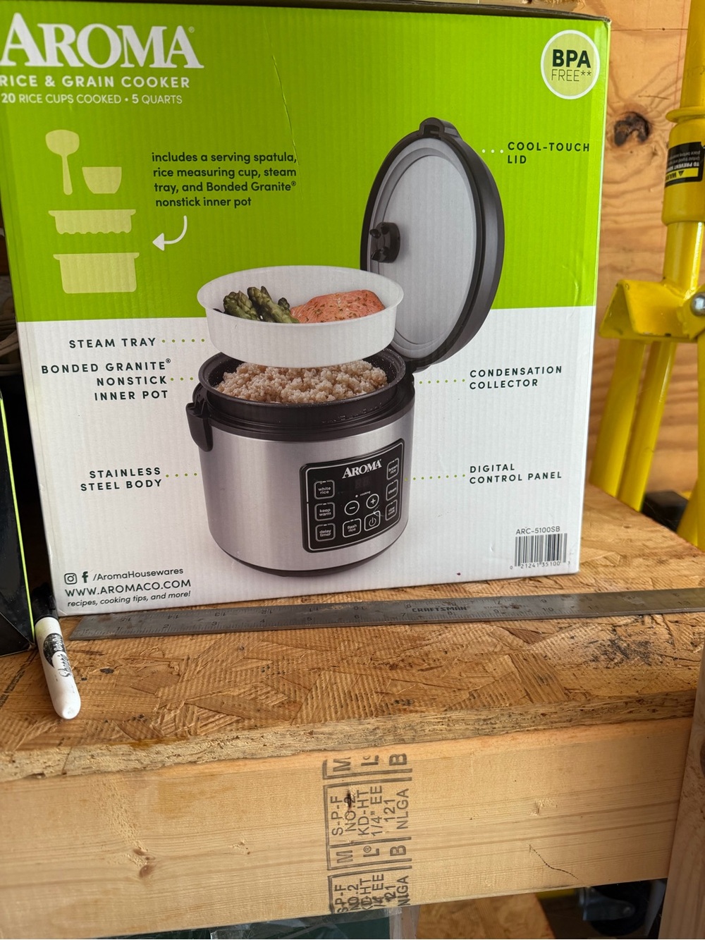 ARoma Stainless Steel Rice Cooker with Black Trim and White Steam Tray
